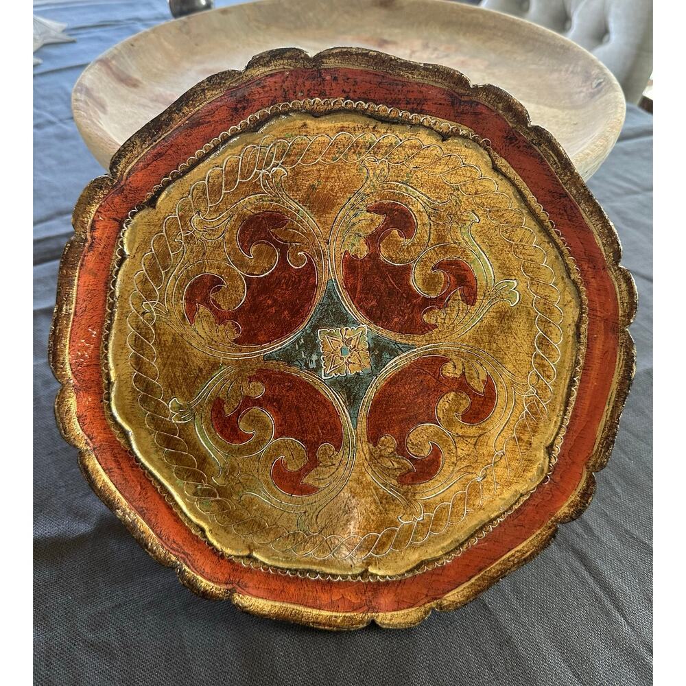 Vintage Italian Florentine Wooden Round Tray Scalloped Border